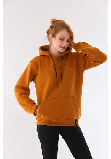 Everest Everst Kapüşonlu 3 İplik Şardonlu Cepli Sweatshirt Hardal