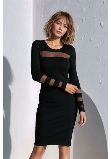 Kadın Kolları Ve Yakası Tasarım Tül Detaylı Uzun Kol Kışlık Şık Elbise Siyah