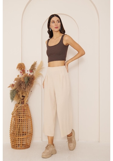 Darlin Moda Bej Yüksek Bel Bol Paça Pantolon Dm3003 Bej
