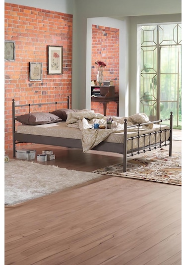 Lalas Çift Kişilik Metal Karyola-kahverengi Ahşap Latalı