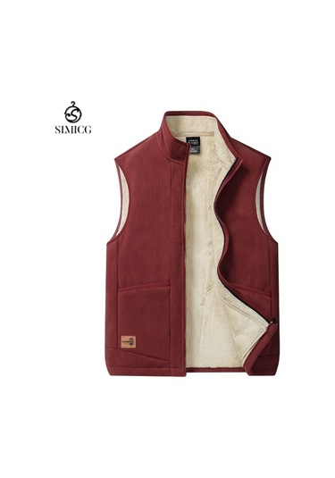 Kuzu Yünü Yelek Sıcak Dik Yaka Artı Polar Yelek Ceket Kırmızı