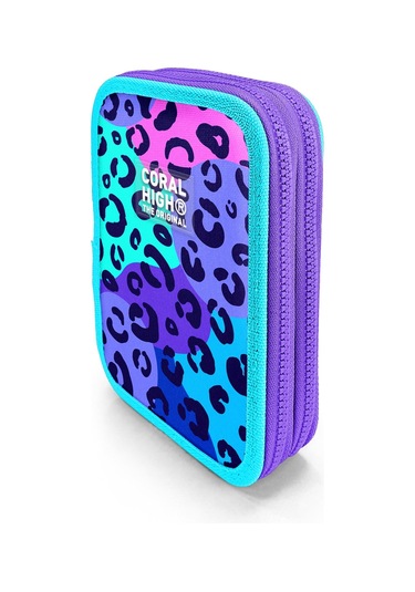 Coral High Mor Leopar Desenli Çift Katlı Kalem Çanta 11132 Mor