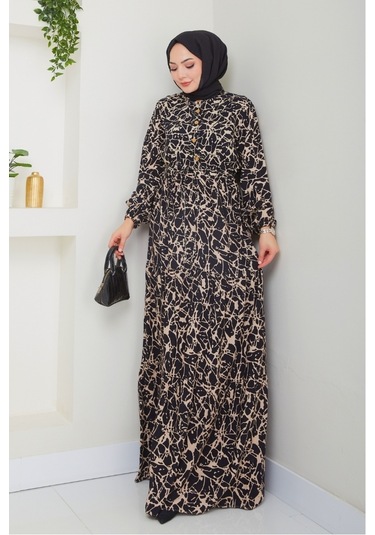 Sevil Yarım Düğmeli Dokuma Viskon Elbise 1504 - Siyah Siyah