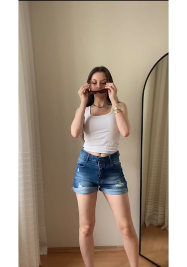 Pass&pass 2060 Kadın Lazerli Duble Paça Jeans Denim Kot Şort Mavi