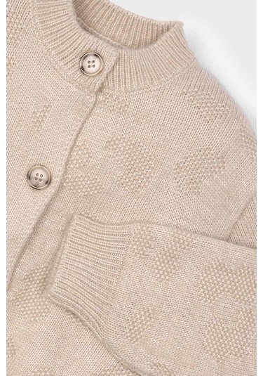 Kız Çocuk Balon Kol Jakar Desenli Triko Hırka - Bej Krem