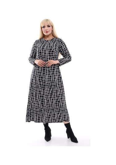 Kadın Büyük Beden Yumuşak Dokulu Siyah Beyaz Desen Elbise Siyah