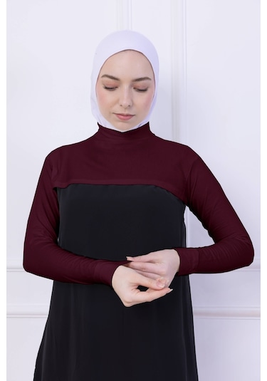 Balıkçı Yaka Boyunluklu Kolluk Bordo - Likralı Dik Yakalı Kadın Body Tesettür Crop Bolero Bordo