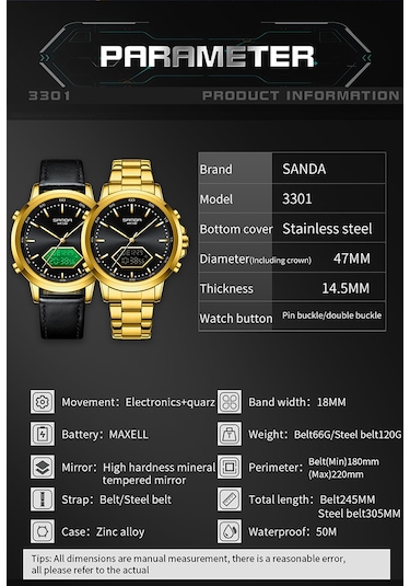 Sanda 33011 Erkekler İçin Elektronik Çok Fonksiyonlu Saat Kemer Siyah Ve Beyaz