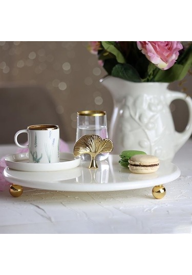 Akayev Mermer Beyaz 28 Cm Altın Boncuk Ayak Ginkgo Sunum Tabağı Beyaz