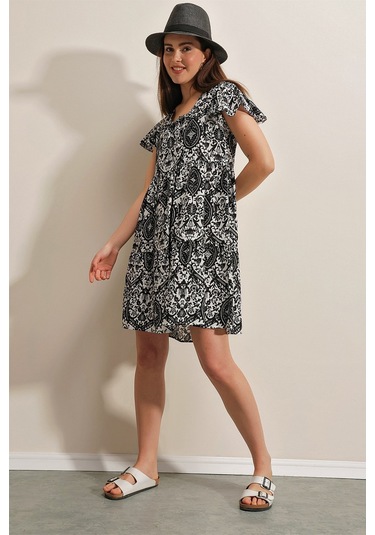 Gabria Yaka Bağlamalı Desenli Elbise Siyah