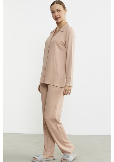 Gömlek Model Nakışlı Pijama Takım - Somon Somon