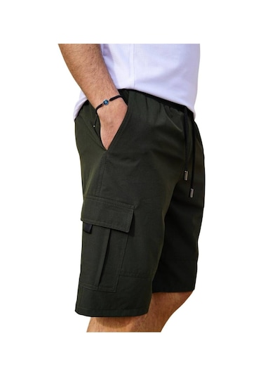 Haki Kargo Cepli Uzun Model Su İtici Özellikli Düz Renk Erkek Plaj Deniz Şort - 444-haki 001