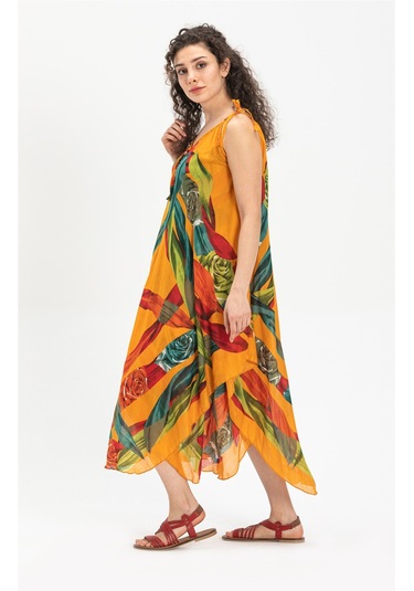 Askılı Vual Afrodit Midi Boy Elbise Hardal 6150