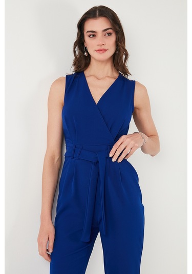 Lela Slim Fit Düz Paça Kruvaze Yaka Kemerli Bayan Tulum 6783626 Saks