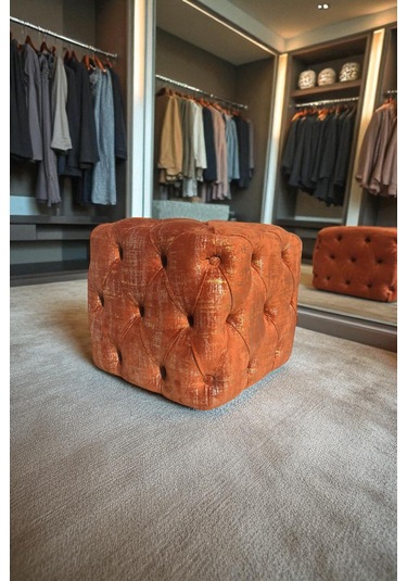 Küp Puf - Best İthal Kadife Babyface Kumaş Varak Baskı - Modern Ve Şık Dekoratif Puf&bench Kiremit