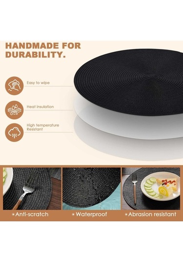 Moly Yuvarlak Örgülü Amerikan Servis Takımı 6'lı Siyah Masa Örtüsü İçin Siyah