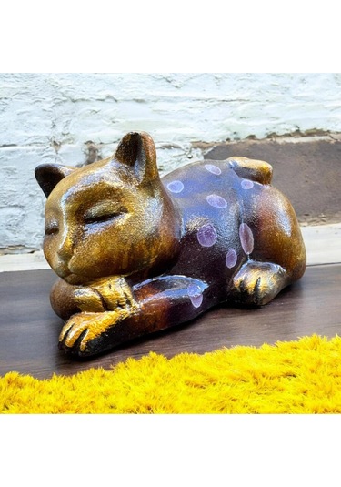 Dekoratif Polyester Uyuyan Kedi Biblo Sarı Kırmızı