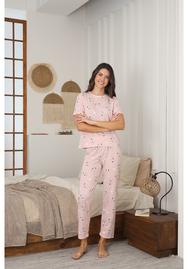 Kadın Yazlık Kısa Kol Penye Süprem Kumaş Pijama Takımı Pudra