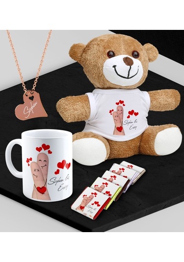 Kişiye Özel Sevgili Peluş Ayı Kupa Madlen Çikolata Ve Rose Kalp Kolye Set - 89