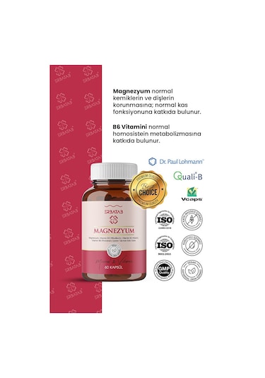 Erbatab Magnezyum Bisglisinat Sitrat Malat & Vitamin B2 B3 B6 3'lü Form 60 Kapsül