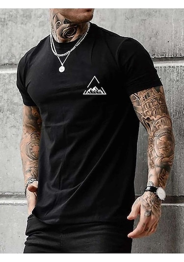 Üçgen Dağ T-shirt - Siyah Baskılı Oversize Bisiklet Yaka Kısa Kol Tişört Siyah