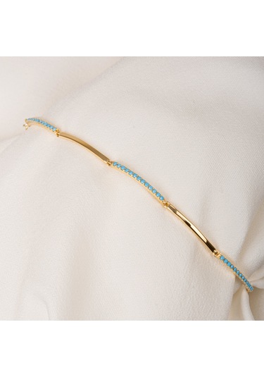 Gümüş Bileklik - Sıra Firuze Turkuaz Taşlı Modern Tasarım Şık 925 Ayar Gümüş Bileklik Gümüş