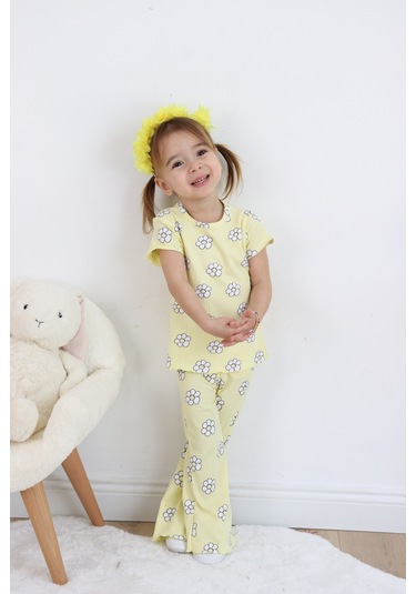 Kız Çocuk Çiçek Baskılı Raporlu Kumaş Basic Alt Üst İkili Takım 001