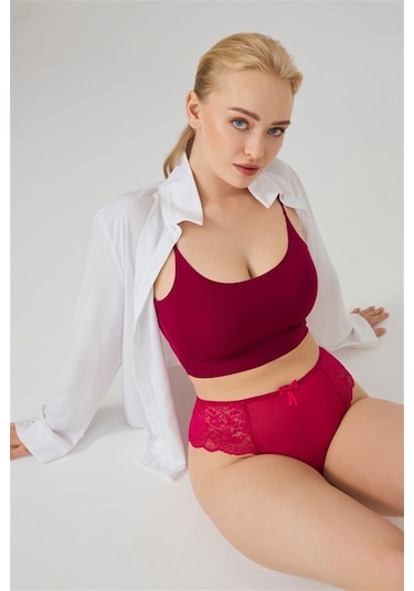 Dantelli Tül Detaylı Büyük Beden Kadın Brezilya 3'lü Paket Külot 550331209 Çok Renkli