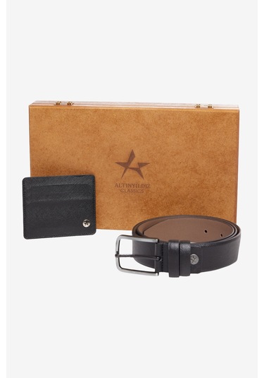 Erkek Sıyah Kemer - Kartlık Aksesuar Set Siyah