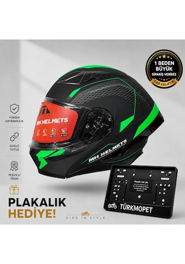 Mh Sports Çene Açılır Güneş Vizörlü Kask + Plakalık Siyah-yeşil