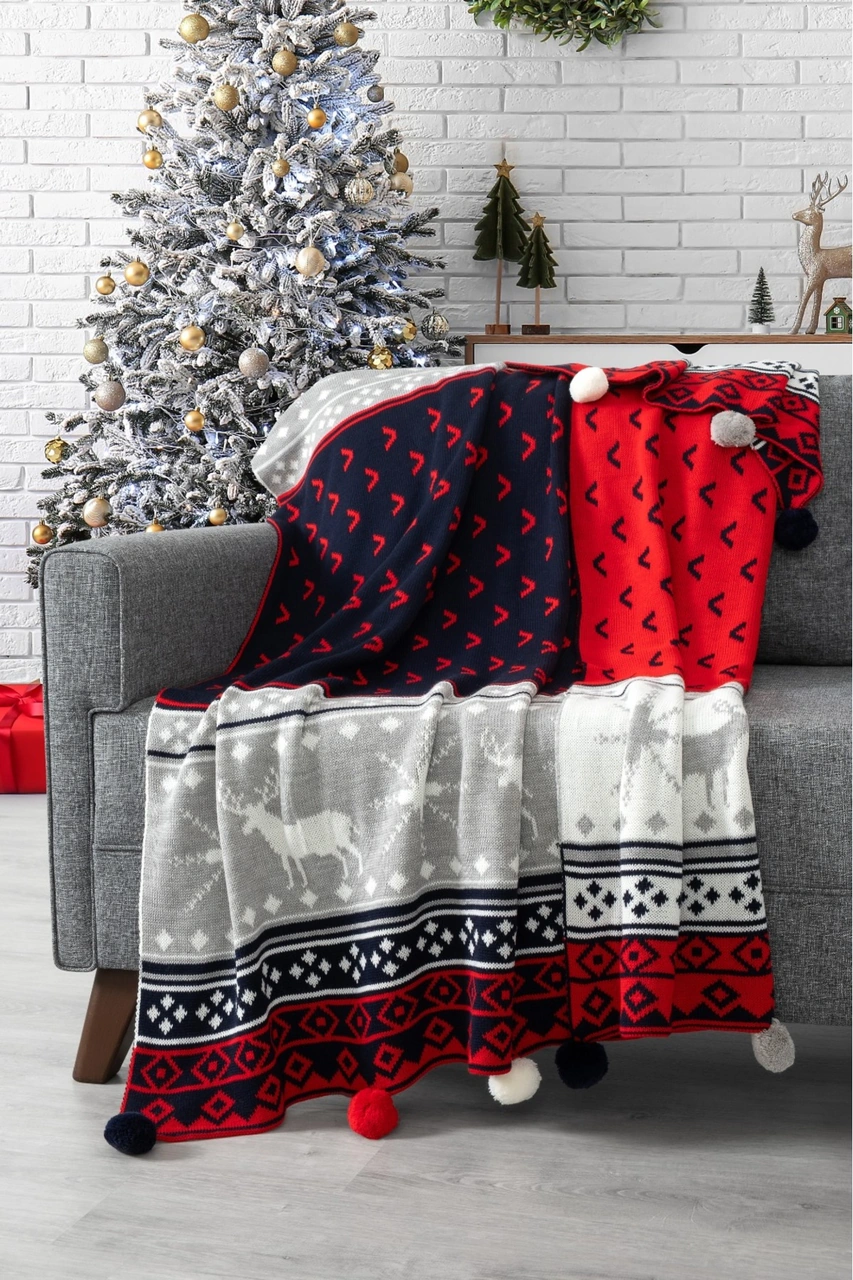 Geyikli Ponponlu Triko Örme Tv Battaniyesi Yılbaşı Hediyesi-130x170 Cm-lacivert Lacıvert Lacivert