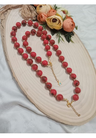 Kırmızı Yuvarlak Kolye Ve Bileklik Takımı Kırmızı