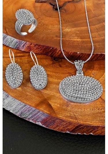 Telkari Oksitli Gümüş Kadın Takım Yüzük Küpe Kolye Ucu Model Kadı