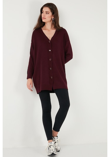 Lela V Yaka Düğmeli Uzun Triko Bayan Hırka 4616040Y Bordo