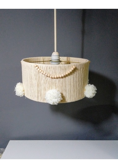 Makrome İp Avize Abajur Set Ekru Avize Boncuk Ponpon Makrome Abajur Ekru