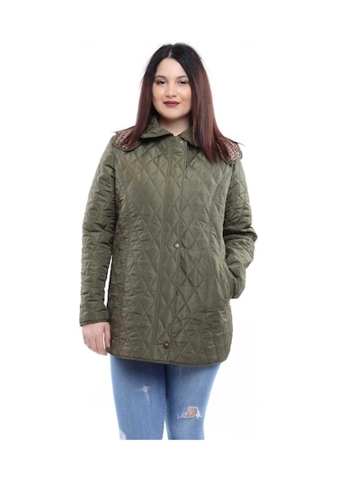 Vetre Kadın Ekose Baharlık Kapitone Mont Haki Büyük Beden 1024 Çok Renkli