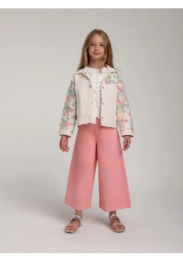 Kız Çocuk Tasarım Çiçekli Kot Ceket-15577 Ekru