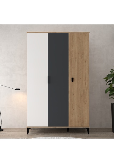 6302 Neva 3 Kapılı 200 Cm Gizli Çekmeceli Gardırop , Elbise Dolabı , Genç Odası Antrasit Beyaz Sepet