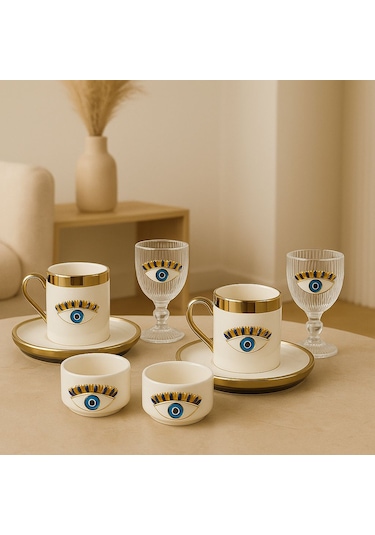 2 Kişilik Porselen Nazar Göz Platin Yaldız Fincan Takımı Seti Ve 2 Porselen Lokumluk Ve 2 Cam Bardak Altın - Beyaz