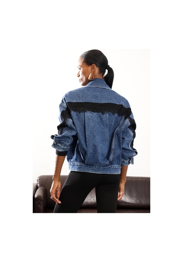 Mavi Dantel Detaylı Kot Ceket Mavi