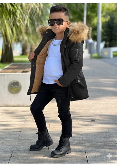 Modavals Erkek Çocuk Garson Beden İthal Tak Çıkar Kürklü Cepli Fermuarlı Düğmeli Bondit Kumaş Kışlık Mont-siyah 851247962 Çok Renkli