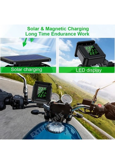 Boatshop1 Ynf Motosiklet Lastik Basınç İzleme Sistemi Siyah Lcd Ekranlı Otomatik Alarm Kablosuz Güneş Enerjili Şarj Lastik Monitörü