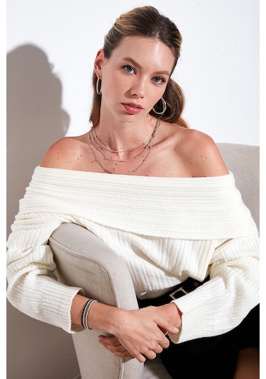 Lela Oversize Fit Madonna Yaka Triko Bayan Kazak 4615216 Ekru