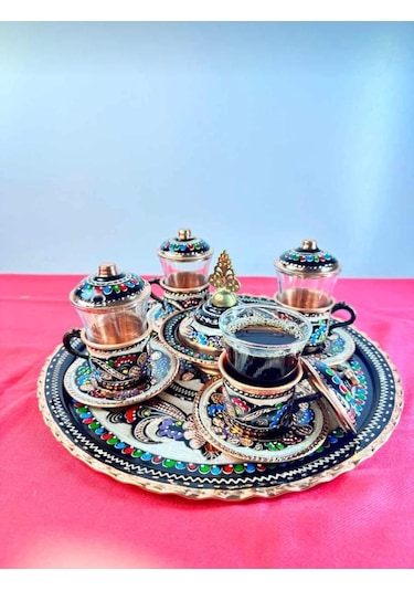 4lü Bakır Çay Ve Fincan Takımı,lokumluk,yuvarlak Tepsi