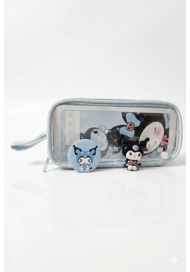 Kuromi Ve My Melody Şeffaf Bölmeli Kalemlik Mavi