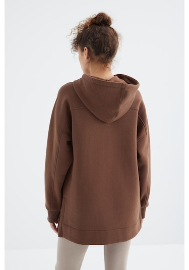 Kahverengi Reglan Kol Basic Kapüşonlu Oversize Sweatshirt Tunik - 97242 Kahverengi