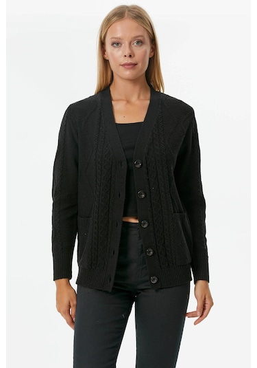 Düğmeli Saç Örgülü Triko Hırka  - Siyah