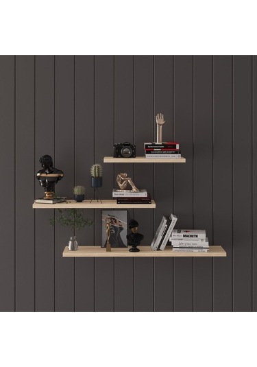 Modern Organizer Düzenleyici Dekoratif Kitaplık Banyo Mutfak 3'lü Duvarrafı Meşe
