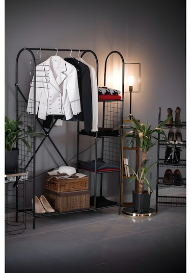 METAL 5 RAFLI AYAKKABILIK ELBİSE ASKILIĞI PORTMANTO VE GARDIROP Siyah