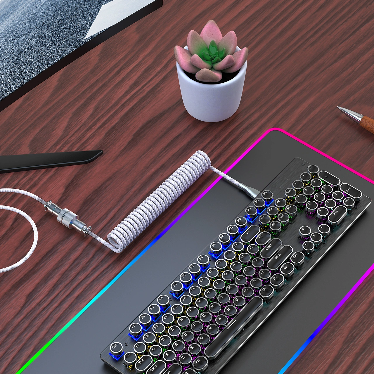 Qingmipy Mekanik Klavye İçin Genişletilebilir Nilon Örgü Kablosu - Usb'den Type-c'ye Çevirici Beyaz